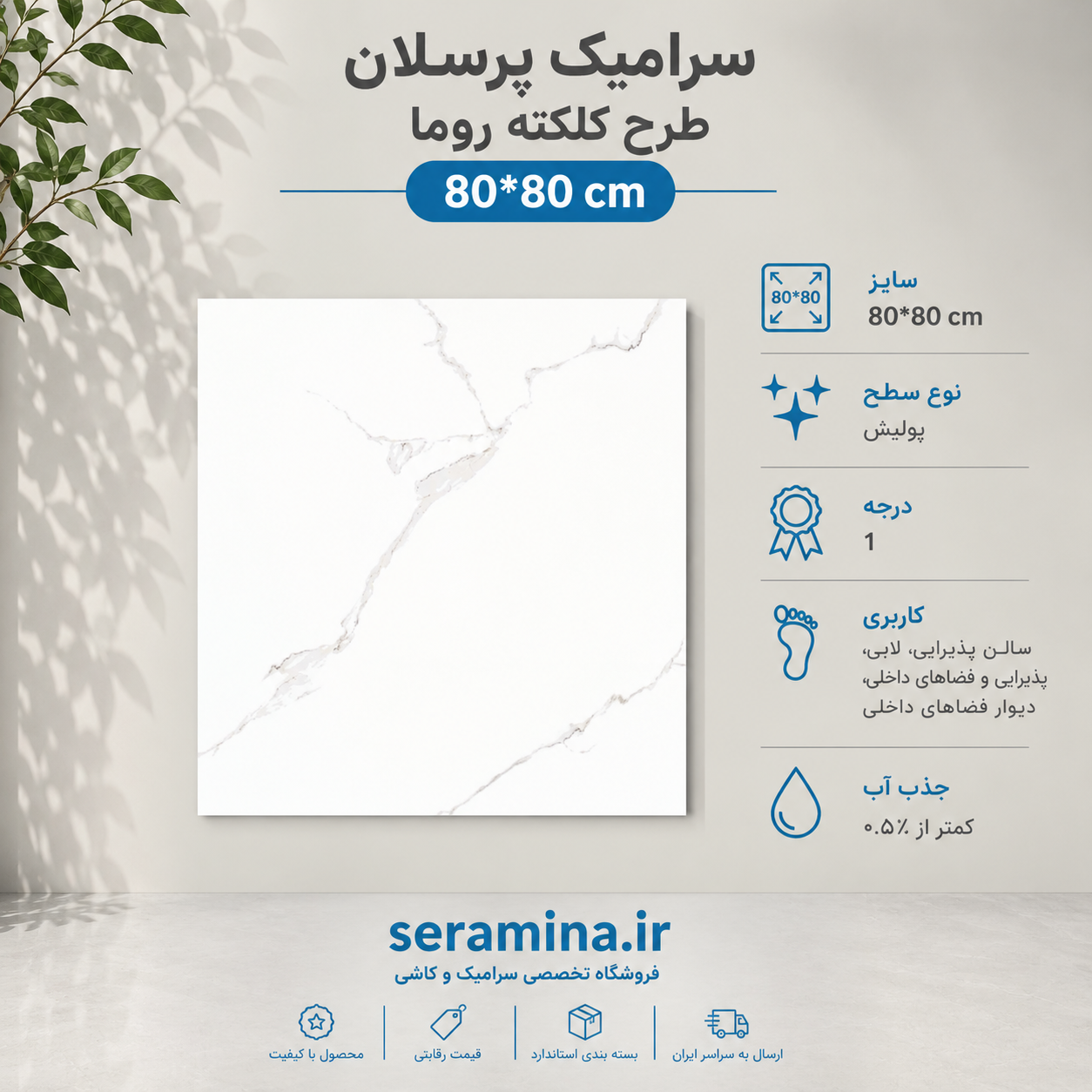 پرسلان کلکته روما پولیش 80*80 رکتیفای درجه ۱